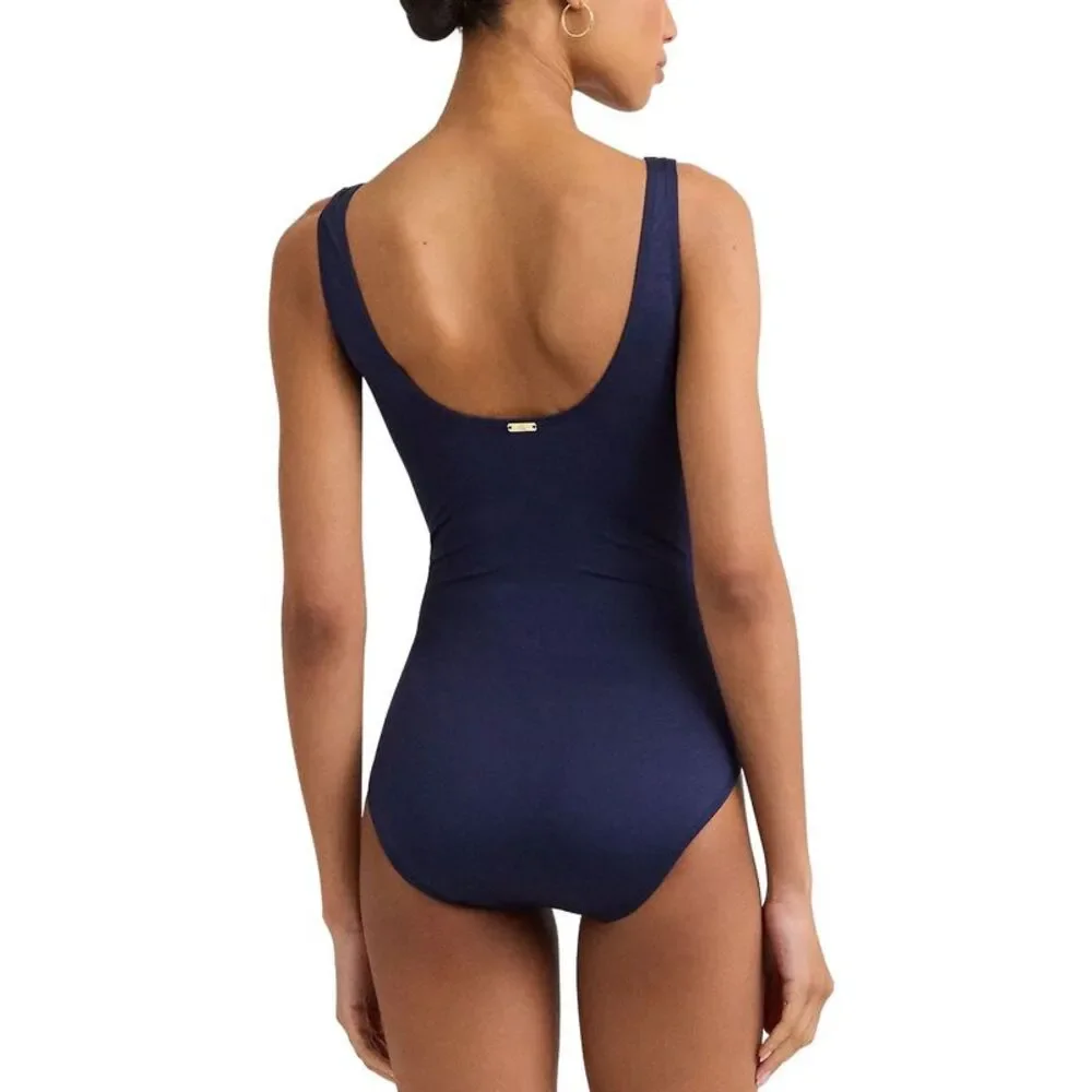 Ralph Lauren Womens Shirred Ring-Front One-Piece Swimsuit 14 Dark Navy NWT $145 - Picture 2 of 4